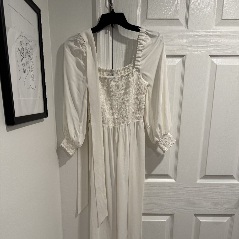 Intermix | Deanna Women's Size 0 White Satin Smocked Puff Sleeve Jumpsuit
